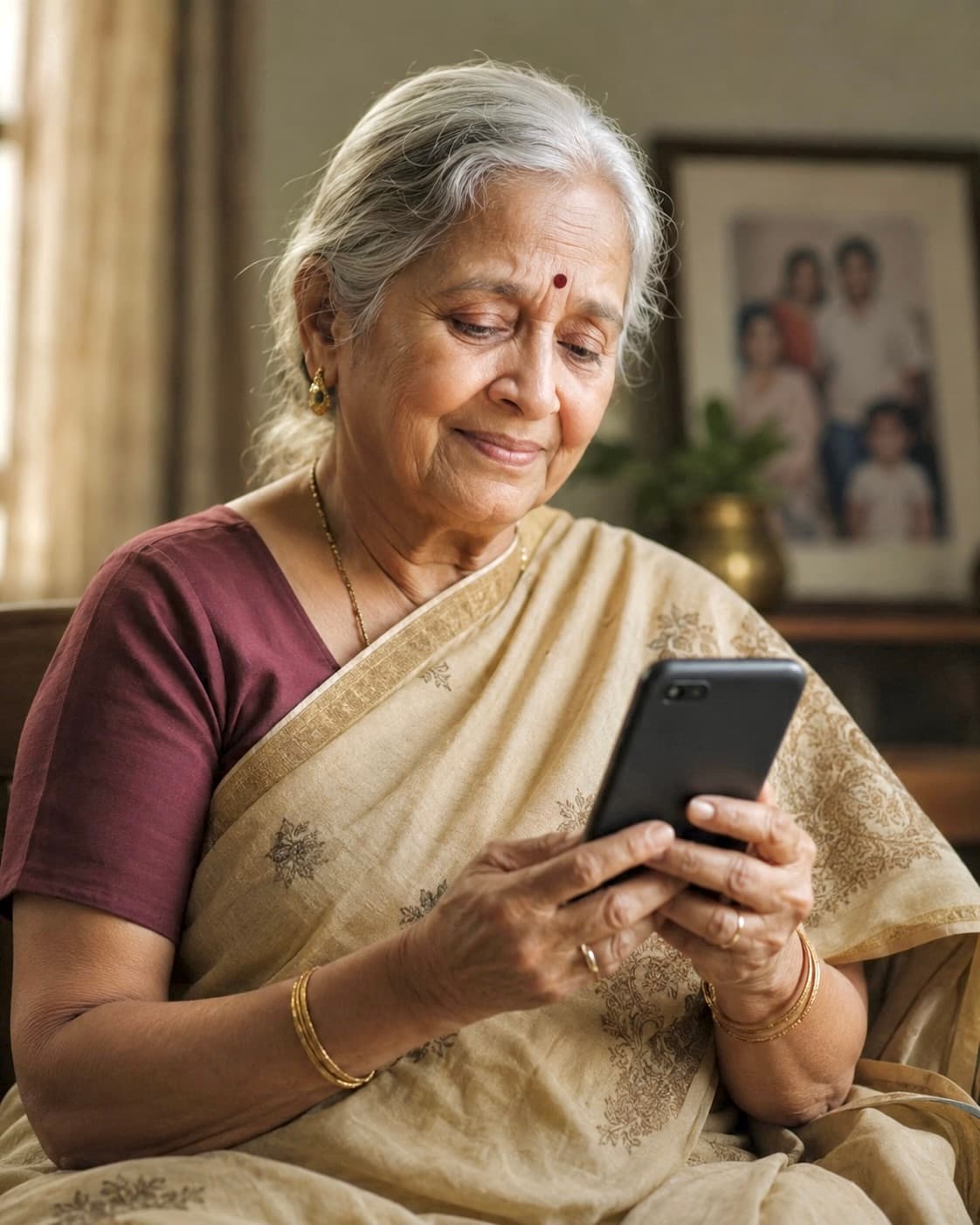 Mother at home, on her phone