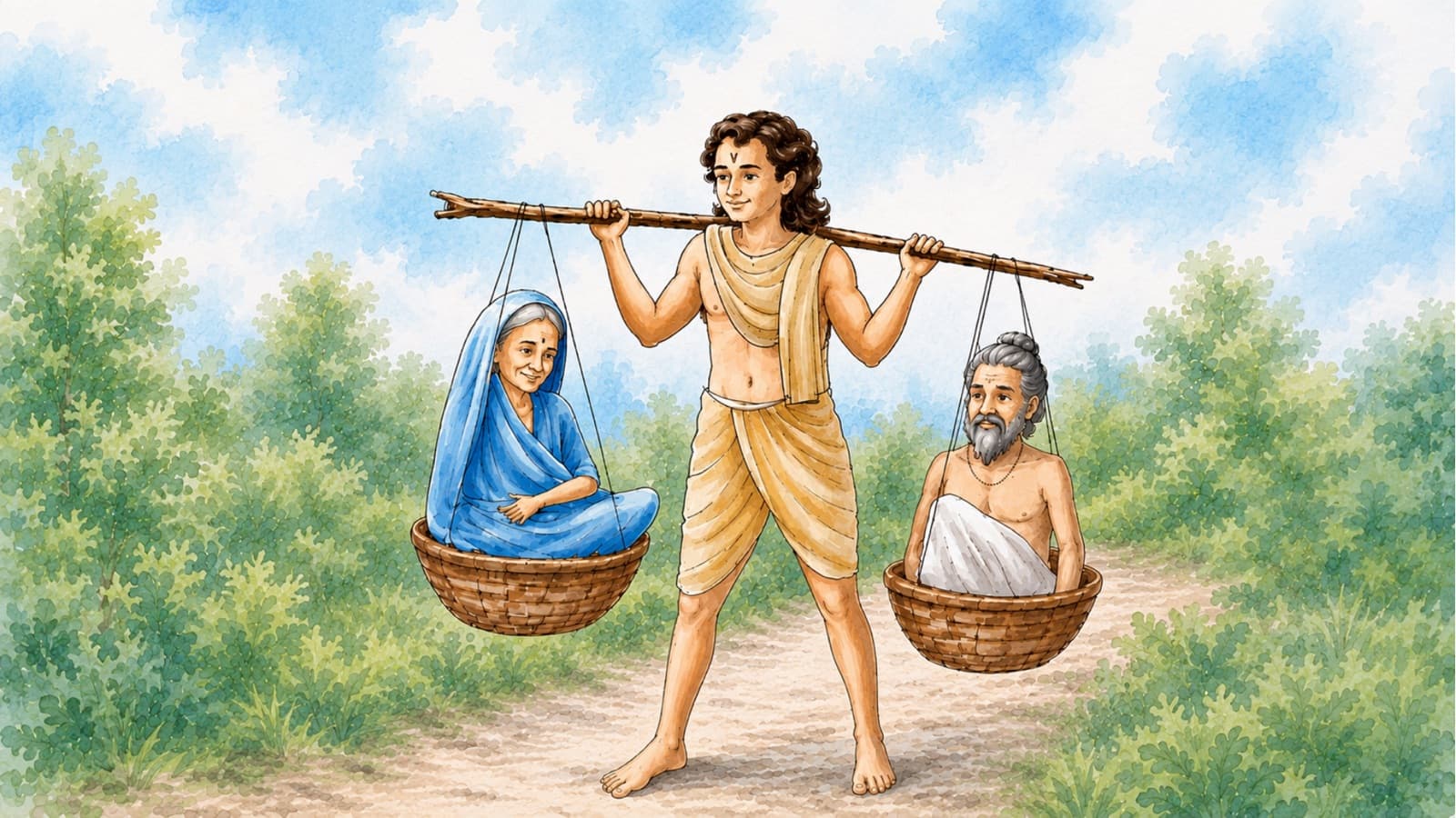 Shravan Kumar carrying his ageing parents on a shoulder-yoke, in the old story
